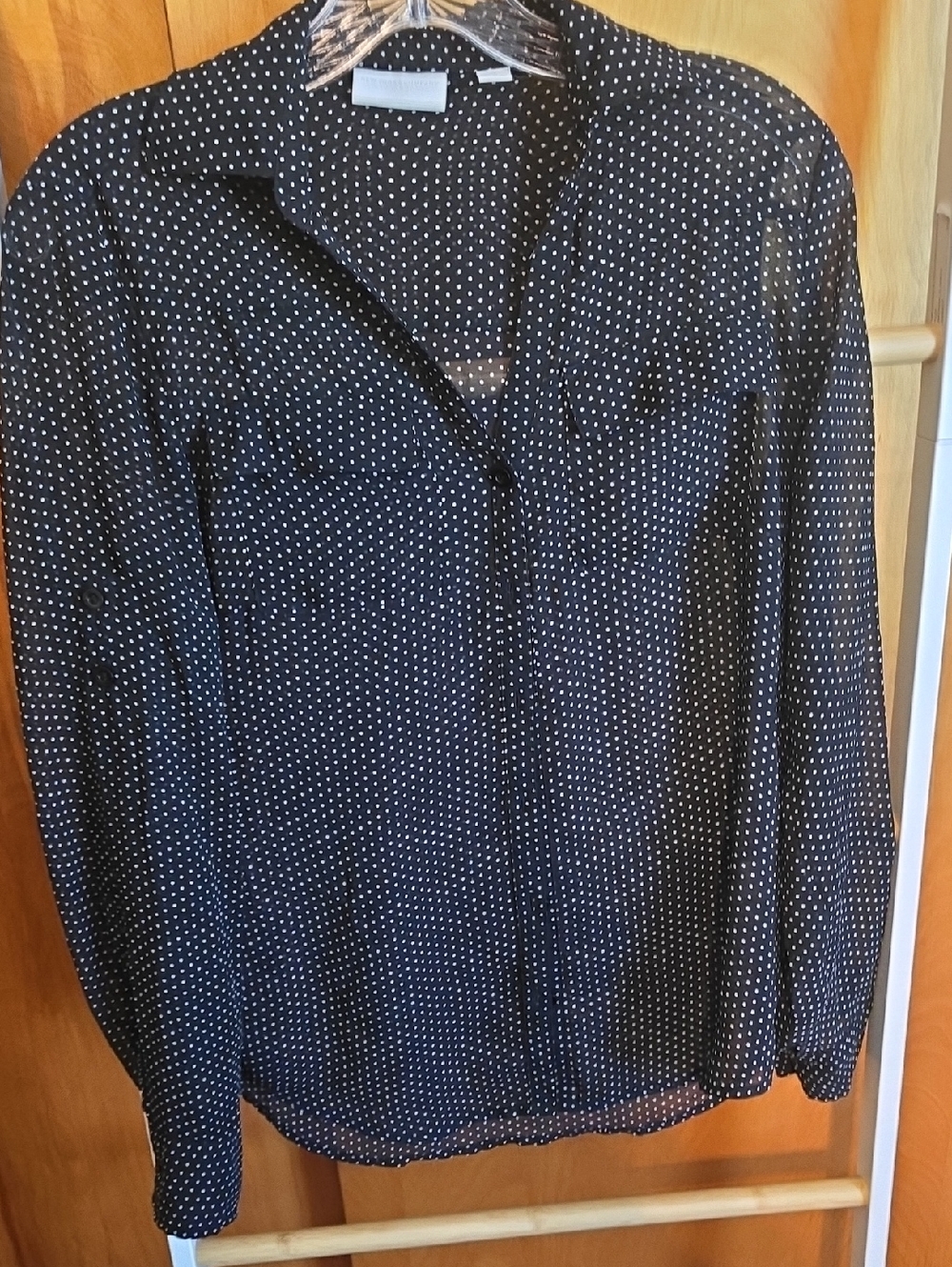 New York & Company Black Button-Up Shirt with White Polka Dots
